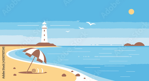 Coastal scene vector illustration lighthouse ocean beach sun and birds