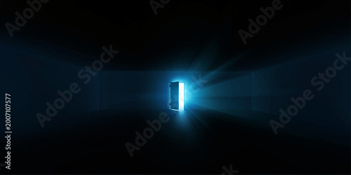 Fotografie A neon blue icon glows like a 3d door to heaven, acting as a symbolic light in t