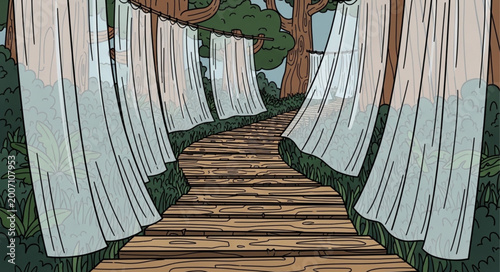 Fotografía White curtains blowing in the wind on a wooden boardwalk.