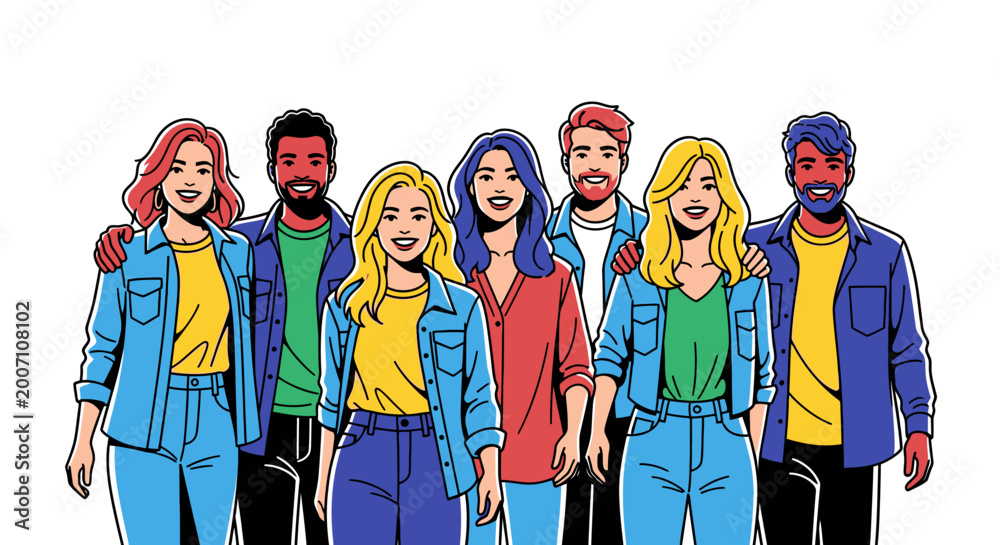 Obraz premium Diverse group of people smiling and posing in cartoon illustration style