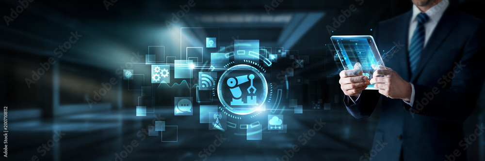 Fototapeta premium Businessman working on digital screen with robotics systems, data analytics and automation technologies, robotic control, industrial applications, AI integration, smart operations
