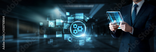 Foto Businessman working on digital screen with settings management systems, data ana