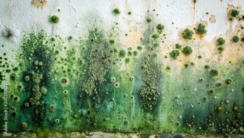 Dark green mold growth on a damp wall surface with water droplets and stains