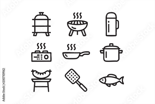 Tableau sur toile Cooking barbecue outline icon set with grill tools cookware and food preparation