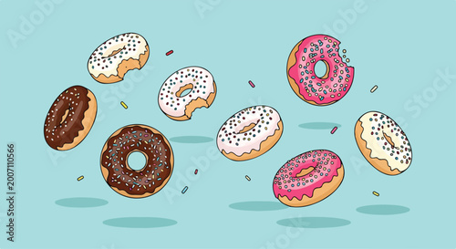 Принти на полотні Colorful donuts with sprinkles floating in the air