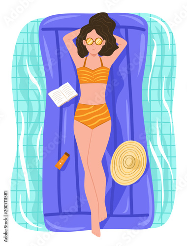 Young Woman Sunbathing on a Pool Float in Swimming Pool for Summer Vacation and Outdoor Recreation Lifestyle Concept Illustration Clip Art