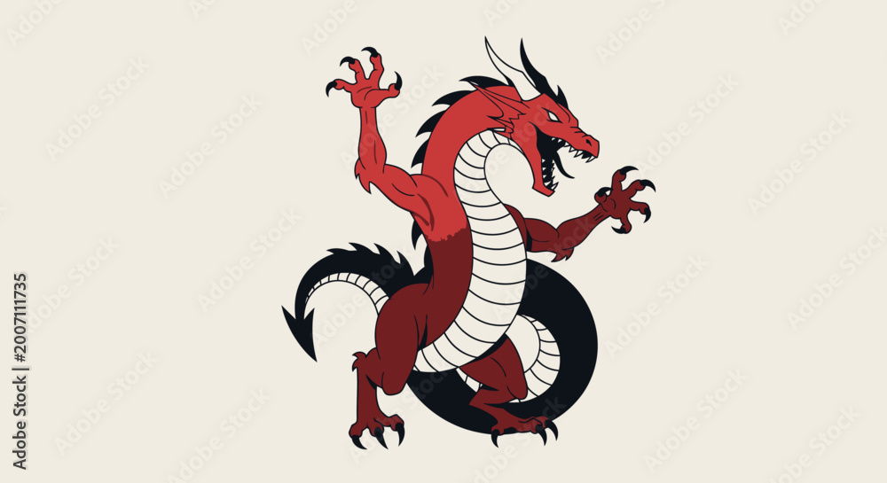Naklejka premium Stylized red dragon illustration with dynamic pose on a neutral background