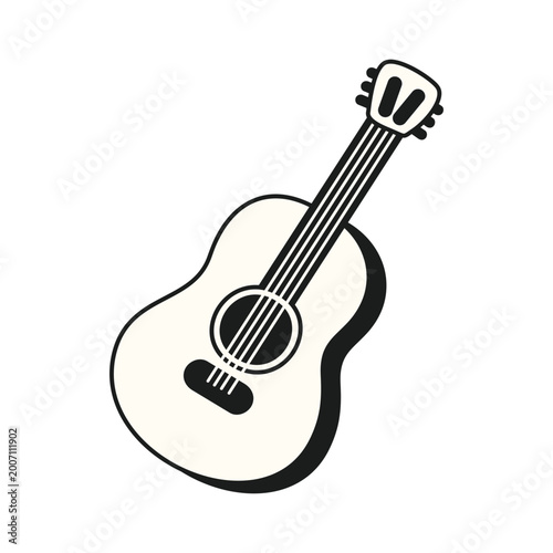 Simple black and white illustration of an acoustic guitar, a classic musical string instrument.