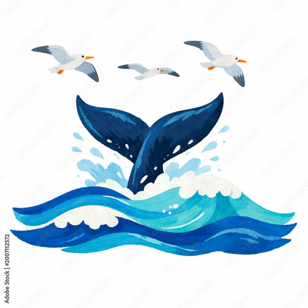 Fototapeta premium Whale Tail Ocean Wave Watercolor Illustration - Blue Sea Splash