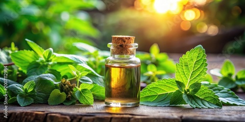 Essential oil glass bottle with fresh patchouli leaves and herbal scents surrounded by lush greenery and earthy tones, herbal oils, plant extracts