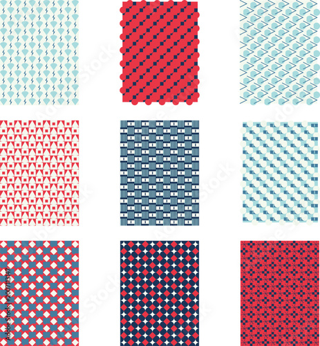Abstract Geometric Pattern Set with Blue and Red Grids and Stripes