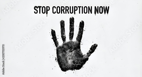 Large bold uppercase text “STOP CORRUPTION NOW” placed directly over the handprint