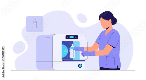 Nurse Sterilizing Baby Bottle in Medical Device, Healthcare Concept