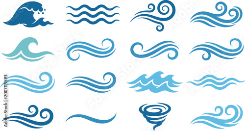 Cuadro en lienzo Collection of blue ocean wave icons, sea water splash symbols, curly marine flow elements, nautical wind and storm signs, isolated decorative water ripples