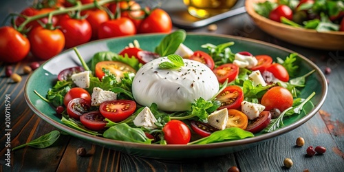 Fresh Italian salad with creamy burrata and mozzarella cheese, summer salad