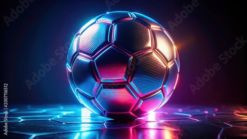 Close-up of a neon-lit soccer ball with intricate details and reflections in a panoramic view, neon, shimmer