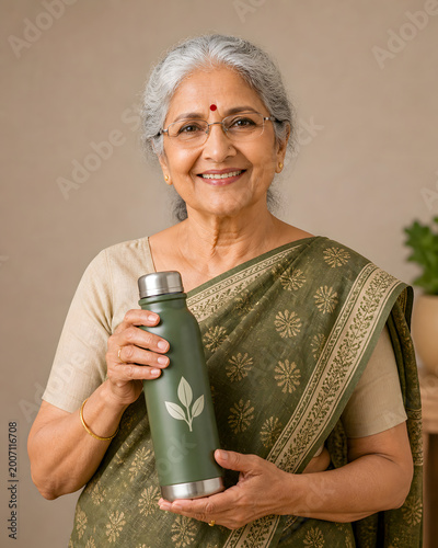 Elderly Indian woman smiling while holding a green stainless steel water bottle  