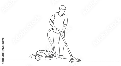 Tableau sur toile Person vacuum cleaning floor with canister vacuum cleaner line art vector illust