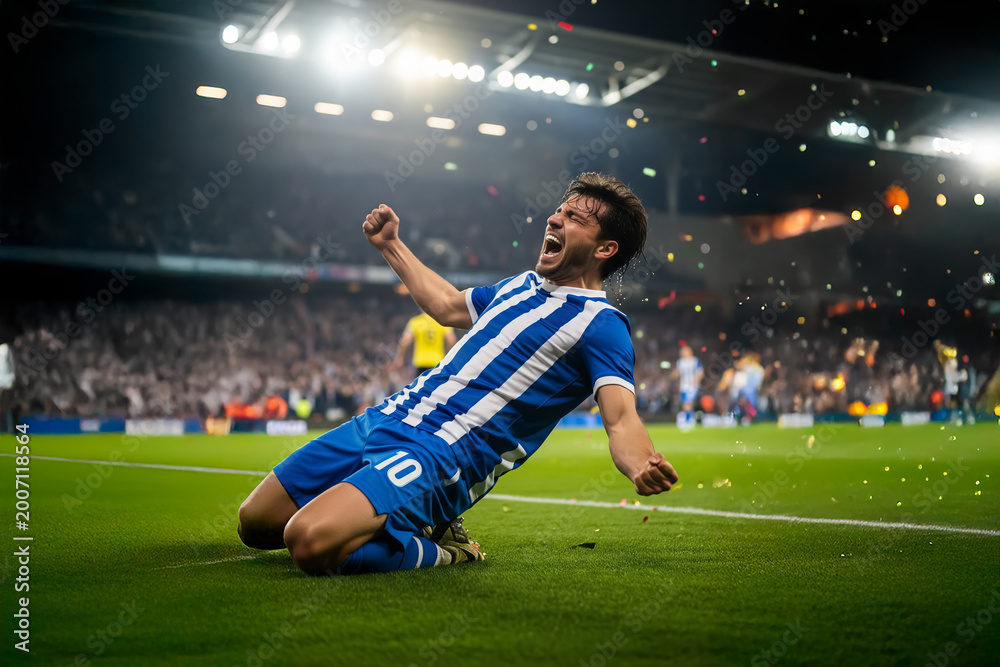 Obraz premium Soccer Player Celebrating on Knees in Blue Jersey