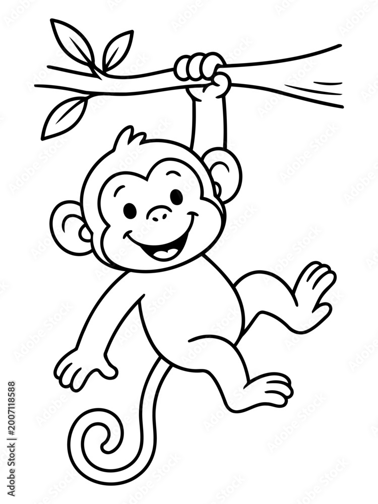 Obraz premium Happy Monkey on a Tree Branch: A charming illustration of a cheerful monkey hanging from a tree branch. Its playful smile and relaxed posture radiate joy and lightheartedness.