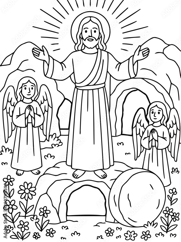 Naklejka premium Resurrection depiction: a depiction of rebirth, featuring a central figure in a radiant aura, with angelic figures, against the backdrop of an open tomb, symbolizing hope and divine intervention.