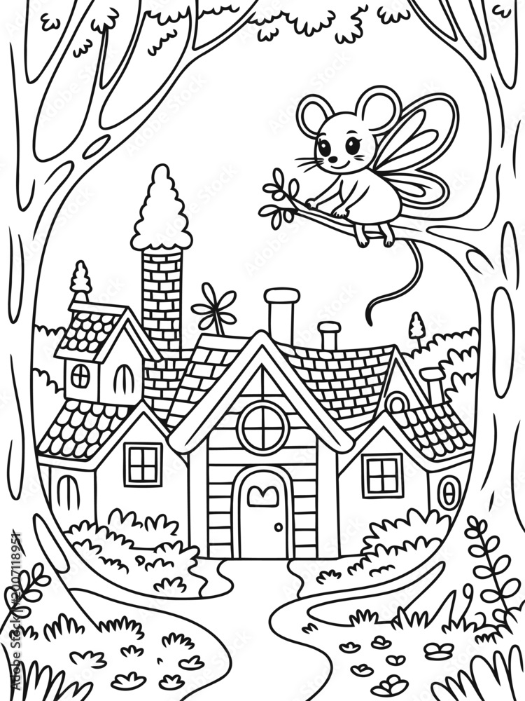 Fototapeta premium Enchanting Mouse House: Whimsical illustration of a tiny mouse perched on a branch, observing a magical house in a fantastical forest, inviting imagination and wonder.