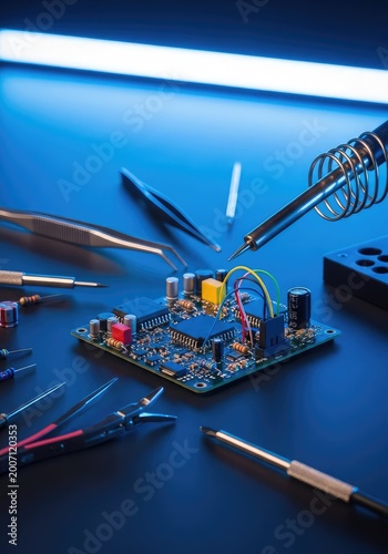 Precision tools and electronic components collaborate on a sophisticated circuit board inside a futuristic workspace with neon blue light, connectivity, semiconductor, professional
