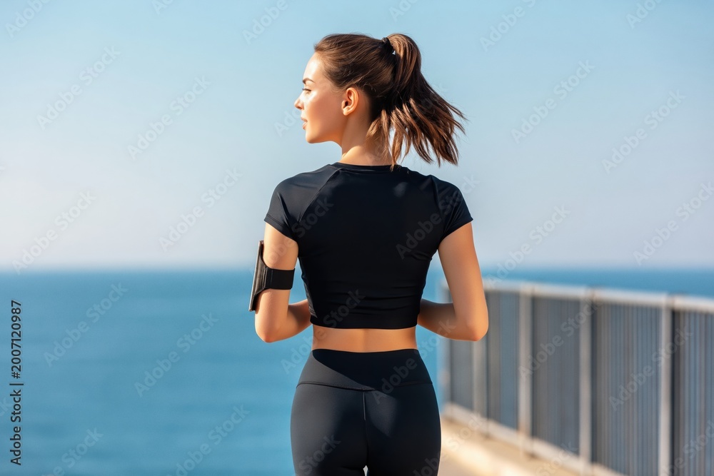 Fototapeta premium Young woman jogging in sportswear on a sunny day by the ocean, focused on her fitness and healthy lifestyle goals