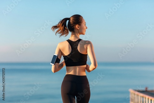 Woman running by the sea wearing sportswear and armband with phone, focusing on health and active lifestyle