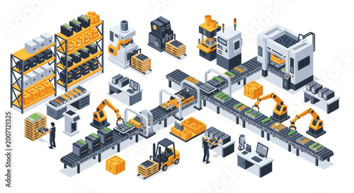 Isometric Illustration of an Automated Smart Factory Production Line with Robotic Arms and Conveyors.