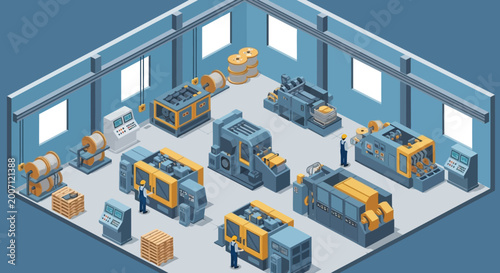 Isometric Illustration of a Modern Industrial Factory Interior with Machines and Workers.