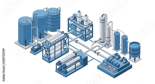Photography Isometric Illustration of an Industrial Water Treatment Plant with Blue Tanks and Pipes