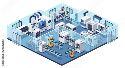 Isometric View of a Modern Automated Factory with Robotic Arms and Conveyor Belts.
