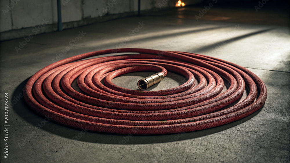 Fototapeta premium Red fire hose coiled in a perfect spiral on a concrete floor