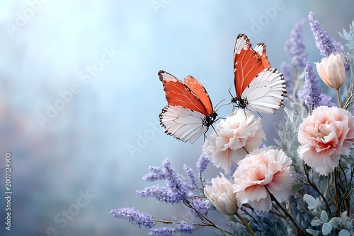Elegant Butterflies Resting on Delicate Flowers in Soft Pastel Background