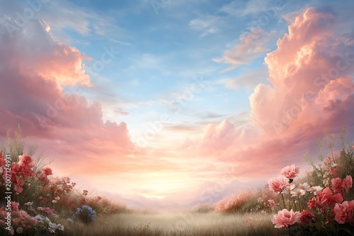 Serene Landscape with Colorful Flowers and Dramatic Clouds at Sunset
