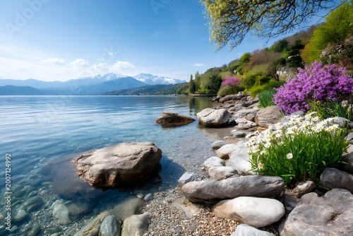 Tranquil Lakeside View with Flowers and Mountains Under Clear Blue Sky in Spring
