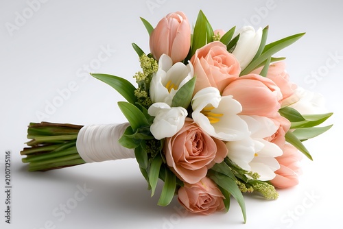Elegant Bouquet of Pink Tulips, White Lilies, and Soft Pink Roses on Neutral Background