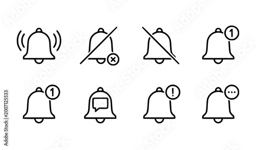 Konstfotografi Notification bell outline icon set with ringing mute alert message and badge UI