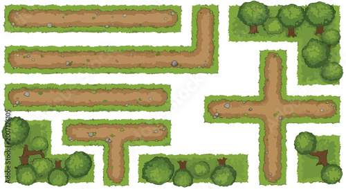 Bild auf Leinwand Top-down game map tileset, modular dirt path and green grass road elements, natu