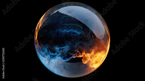 A clear sphere showcases swirling blue and orange nebulae against darkness
