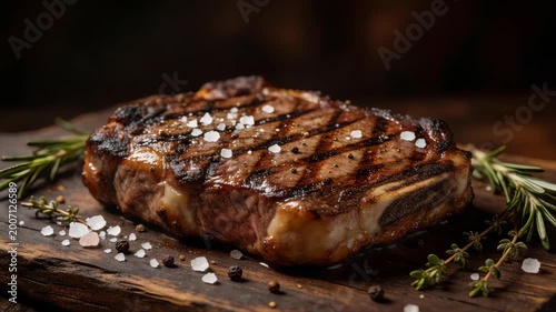 Grilled ribeye steak with rosemary and salt on wooden board