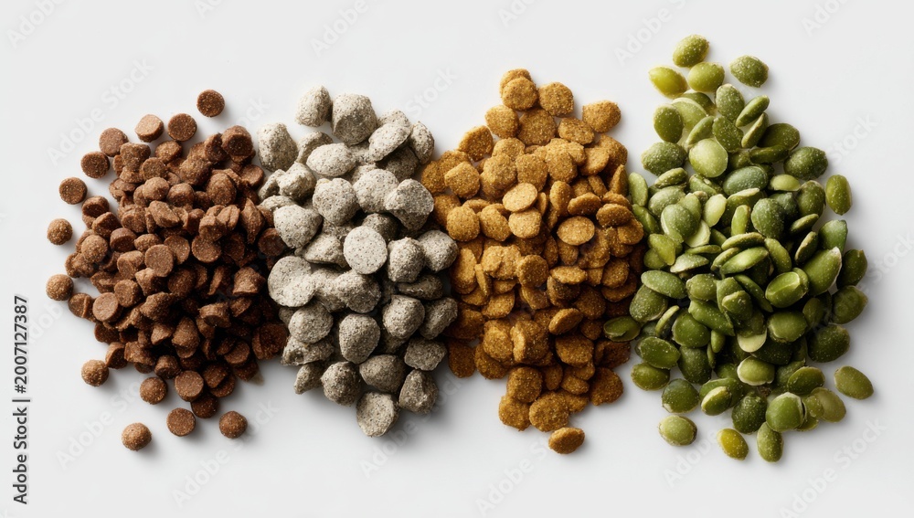 Obraz premium Four Piles of Chocolate Chips in Different Flavors and Colors.