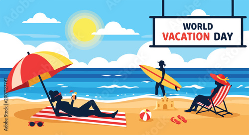 Canvas Print A beach scene with people relaxing and surfing on World Vacation Day