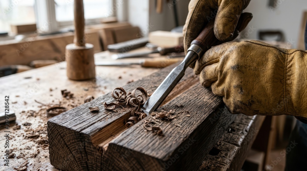 Fototapeta premium Craftsman using a chisel to carve wood in a traditional woodworking shop