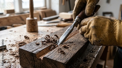 Craftsman using a chisel to carve wood in a traditional woodworking shop