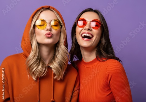 Two cheerful women in colorful sunglasses and hoodies, one puckering lips, the other laughing, against a vibrant purple background, embodying fun and friendship