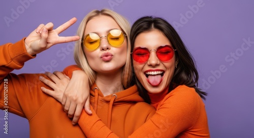 Two playful young women in orange sweaters posing together against purple background