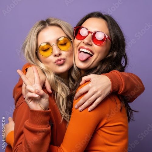 Two Happy Young Women Friends Hugging and Wearing Colorful Sunglasses on Purple Background