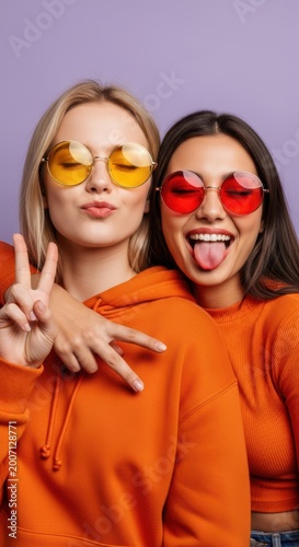 Two stylish young women wearing vibrant orange hoodies and colorful sunglasses strike a playful pose for a fun photo